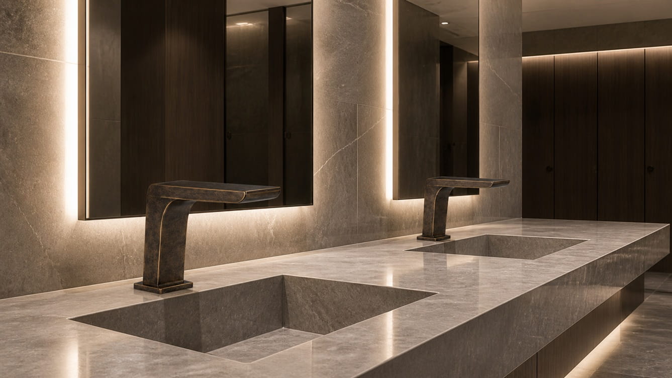 Cleaner commercial restroom sink area using Fontana hands-free faucet to reduce surface contact and improve hygiene
